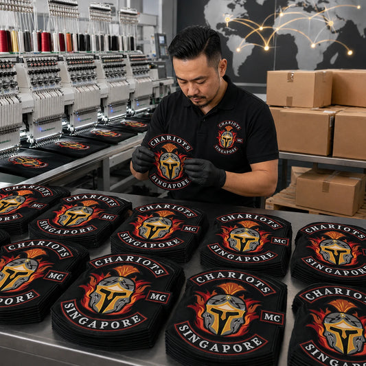 Finished motorcycle club back patches inspected and packed for worldwide club delivery.