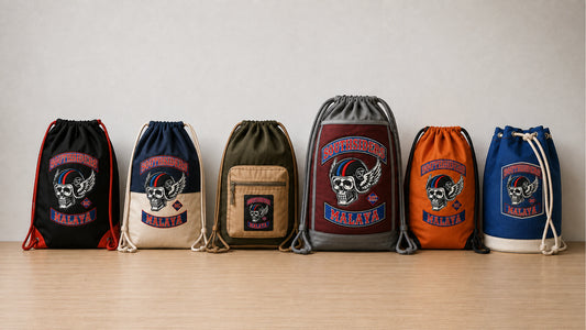 Motorcycle club merchandise coordinator compares custom drawstring bag body and cord colors.