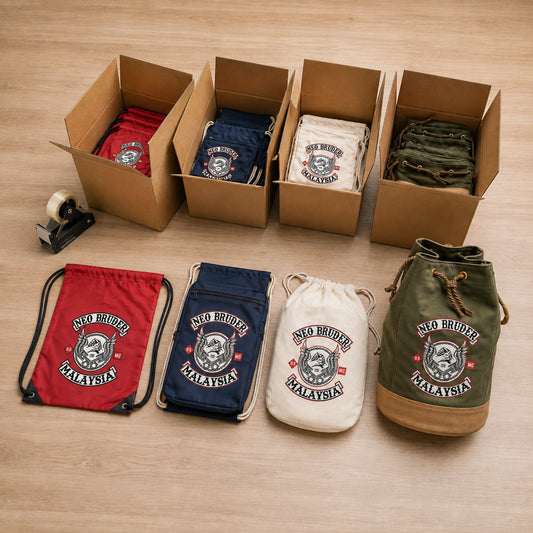 Finished motorcycle club drawstring bags are packed for worldwide event delivery.