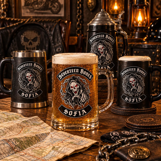 Custom motorcycle club beer mugs: Coordinated club-logo beer mugs arranged around a chapter gathering table with chapter plaques and a folded road map.