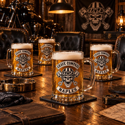Custom motorcycle club beer mugs: Coordinated club-logo glass mugs arranged at assigned chapter meeting places around a dark timber clubhouse table.