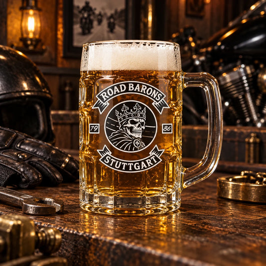 Custom motorcycle club beer mugs: Traditional tall clear glass beer stein with faceted body and sturdy handle.