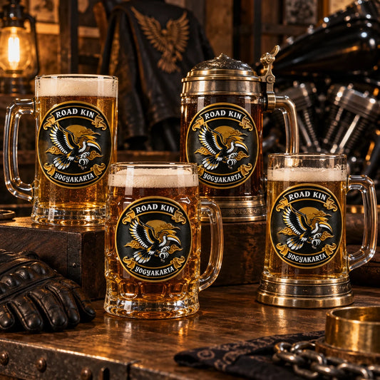 Custom motorcycle club beer mugs: Elegant anniversary table display of coordinated glass steins with neutral metallic accents and no text.