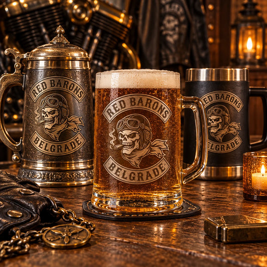 Custom motorcycle club beer mugs: Premium commemorative beer mugs on an anniversary table with warm brass details and no text.