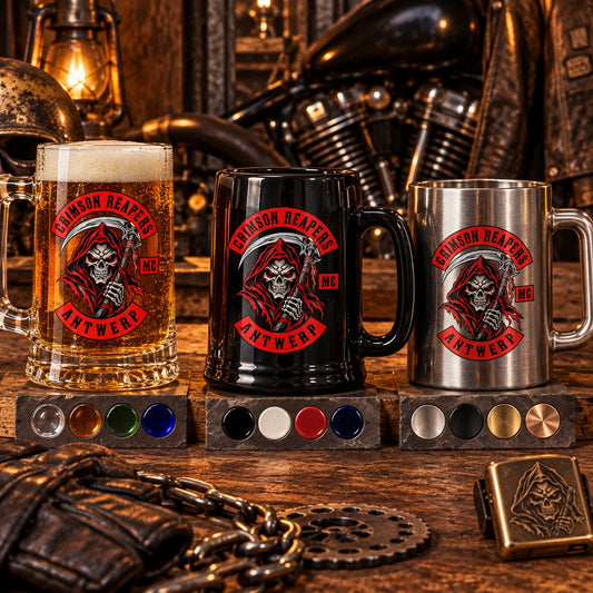 Custom motorcycle club beer mugs: Glass, ceramic and metal mug samples reviewed with capacity and finish swatches.
