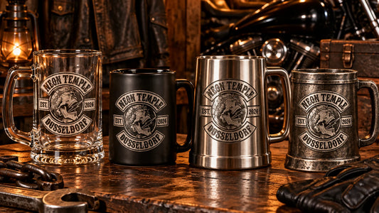 Custom motorcycle club beer mugs: Wide lineup of coordinated club-logo glass, ceramic and metal beer mugs showing distinct safe placement areas for shared club art and individual details.