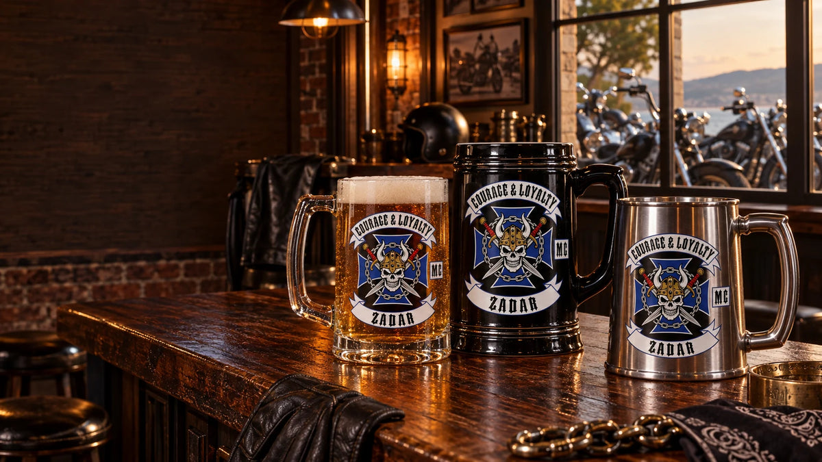 Custom motorcycle club beer mugs: Wide hero lineup of heavy glass mugs, ceramic steins and metal tankards on a refined brick-and-wood clubhouse bar, parked V-twin motorcycles visible outside and clear text space on the left.
