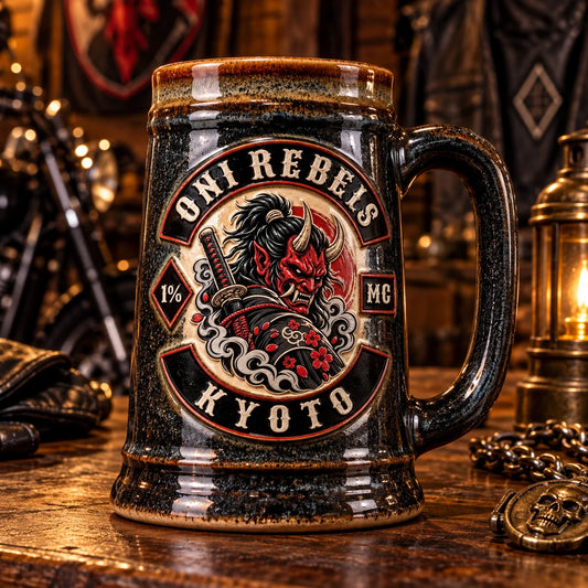 Custom motorcycle club beer mugs: Stoneware stein after fired decoration with a club-logo raised medallion area.