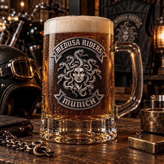 Custom motorcycle club beer mugs: Designer adapting an abstract non-text emblem to a heavy glass mug mockup.