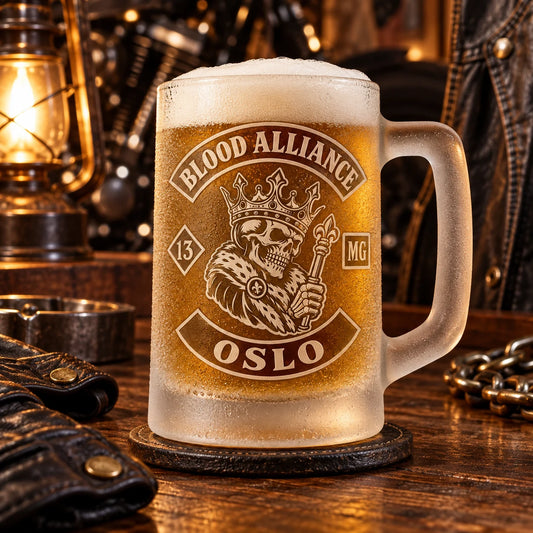 Custom motorcycle club beer mugs: Frosted glass beer mug with clean club-logo customization area.