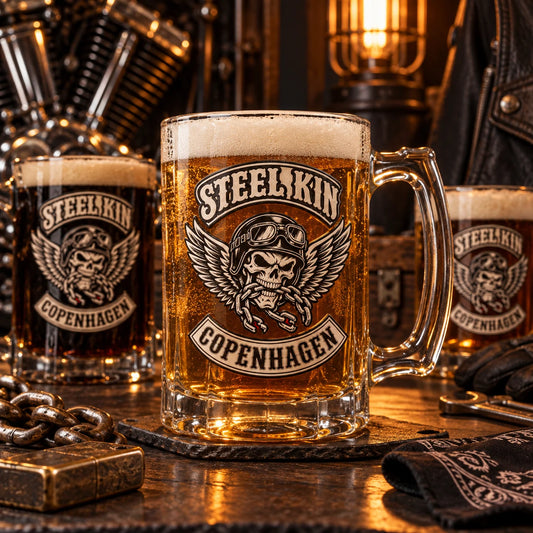 Custom motorcycle club beer mugs: Macro view of precise laser engraving equipment working on a club-logo heavy glass mug without readable artwork.