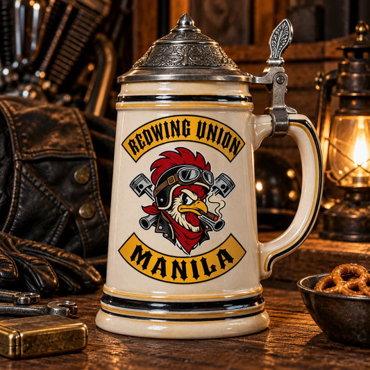 Custom motorcycle club beer mugs: Premium traditional beer stein with hinged pewter-style lid and club-logo ceramic body.
