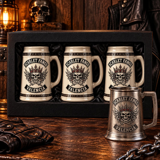 Custom motorcycle club beer mugs: Small numbered-release style collection of boxed glass steins with club-logo customization areas.