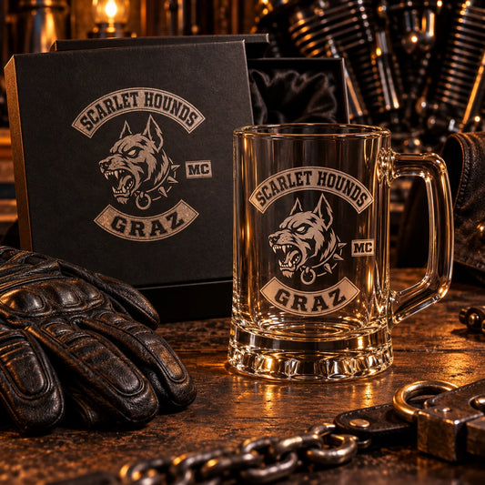 Custom motorcycle club beer mugs: Premium boxed heavy glass mug presented as a member gift beside leather gloves.