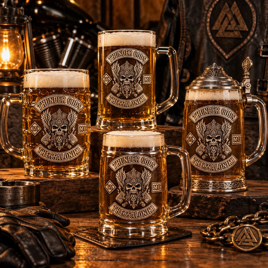Custom motorcycle club beer mugs: Four coordinated club-logo glass mugs with distinct small name-placement bands represented only by subtle club-logo panels.