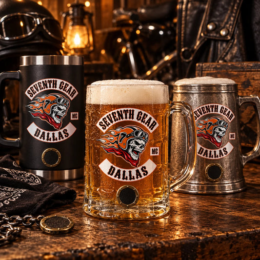 Custom motorcycle club beer mugs: Limited numbered-series concept using small club-logo circular number positions with no readable numbers.