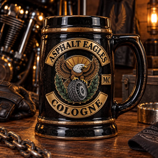 Custom motorcycle club beer mugs: Close-up of a selected ceramic stein with an club-logo raised relief medallion.