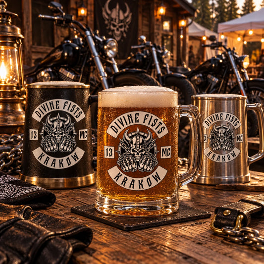 Custom motorcycle club beer mugs: Outdoor motorcycle rally hospitality table with coordinated club-logo beer mugs and parked V-twin motorcycles.