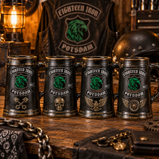Custom motorcycle club beer mugs: Matched stoneware steins with different club-logo personalization zones beneath one shared club-logo crest area.