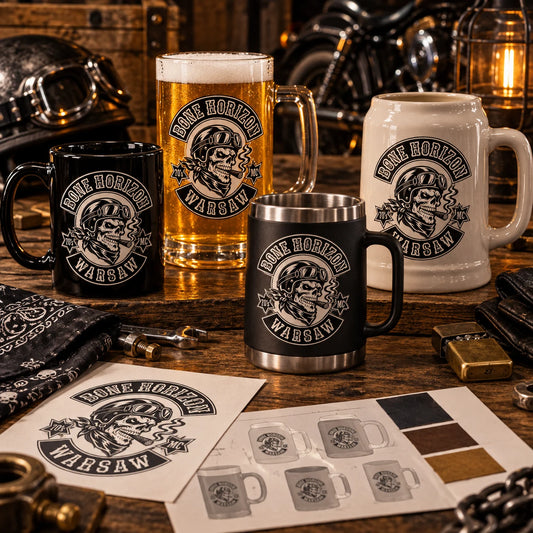 Custom motorcycle club beer mugs: Top-down artwork intake desk with club-logo crest reference, mug silhouette sheets and color swatches.