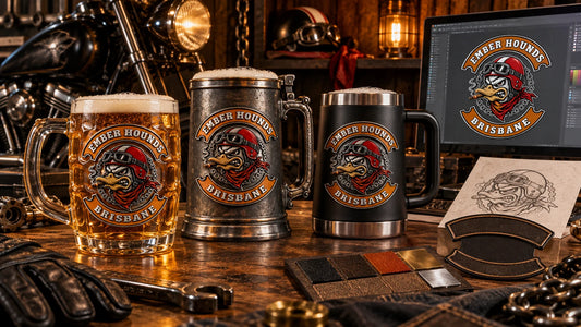 Custom motorcycle club beer mugs: Wide designer workspace with club-logo mug mockups, neutral patch-shaped reference, color swatches and vector layout screen with no readable text.