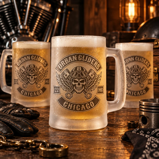 Custom motorcycle club beer mugs: Frosted beer mug in a sublimation production setup with a neutral abstract transfer.