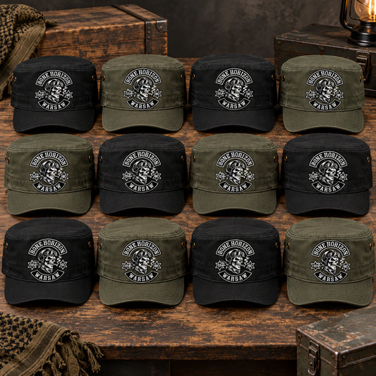 Bulk motorcycle club order of complete black and olive military cadet caps.