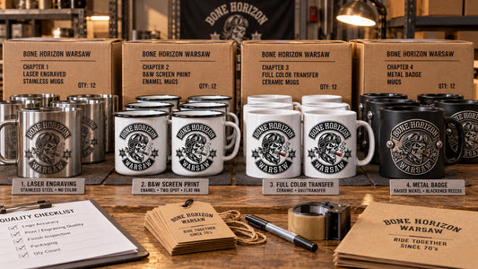 Wide inspection and packing table with chapter-sorted metal mugs displaying an authorized logo for a custom motorcycle club metal mug project.