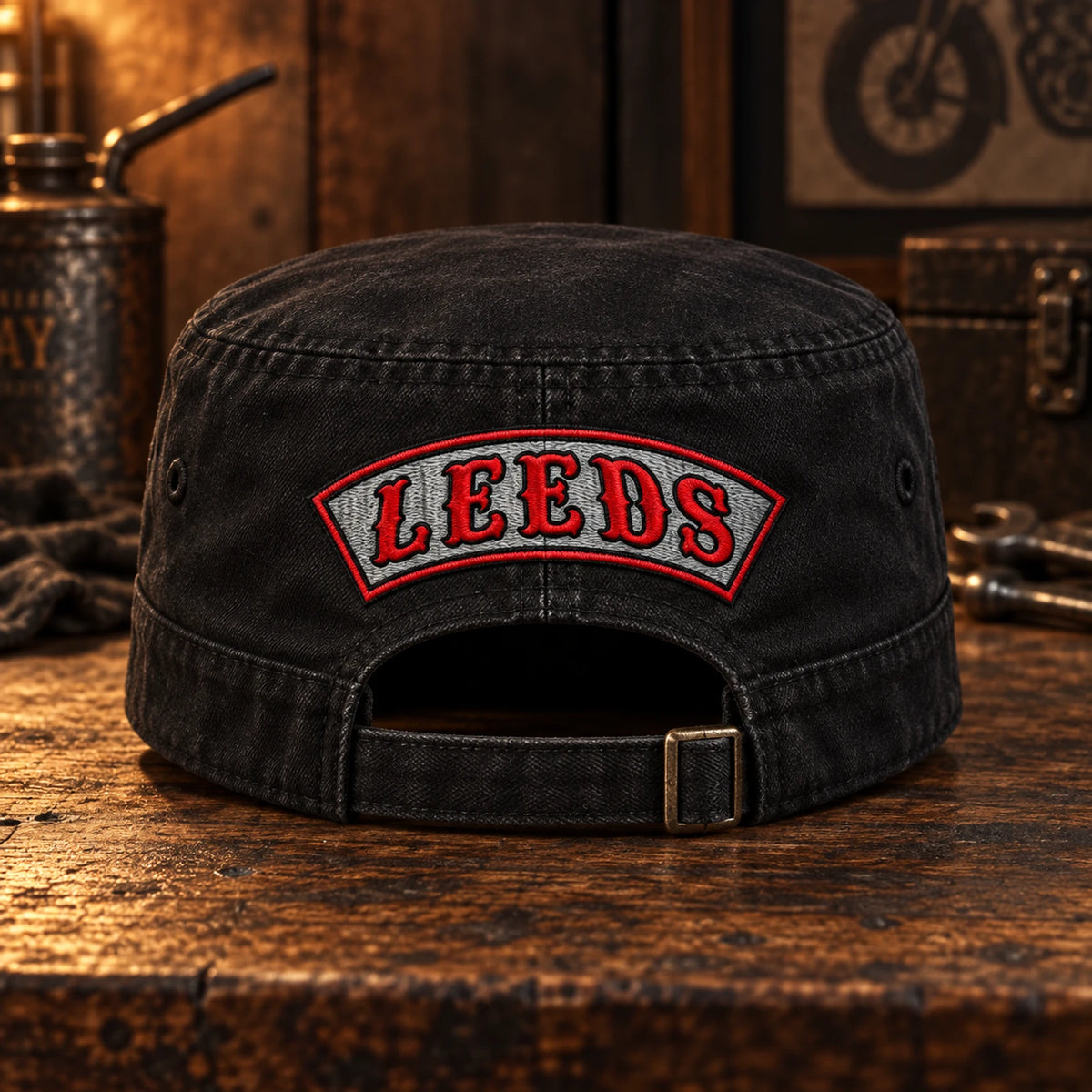 Rear view of a black motorcycle club military cadet cap with the approved Leeds chapter rocker.