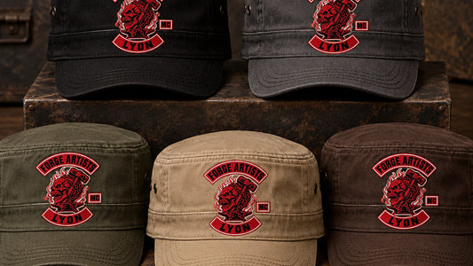 Five military cadet caps in black, charcoal, olive, khaki and dark brown with one authorized club logo.