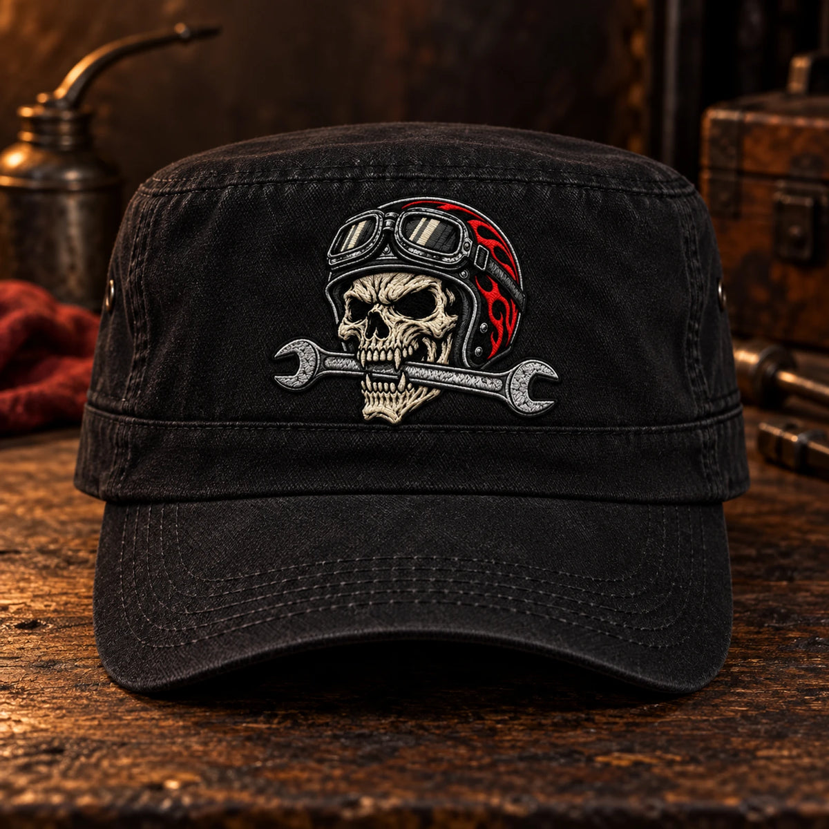Front view of a black military cadet cap with the Bone Circuit skull rider and wrench emblem.