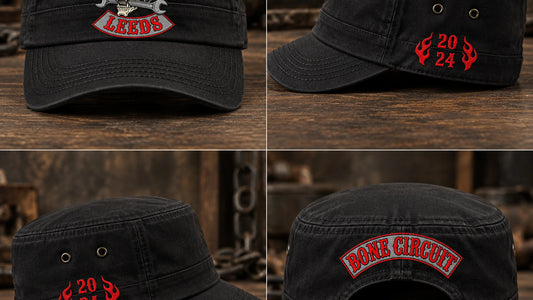 Four views of one military cadet cap showing front, side and back logo placement for a motorcycle club.