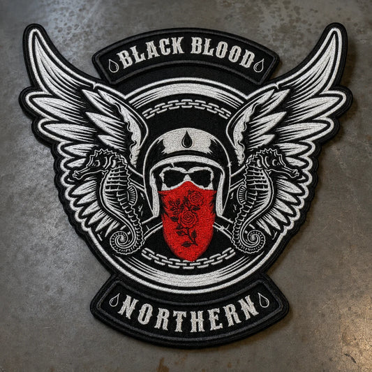 AI concept of a large embroidered motorcycle club center back patch.