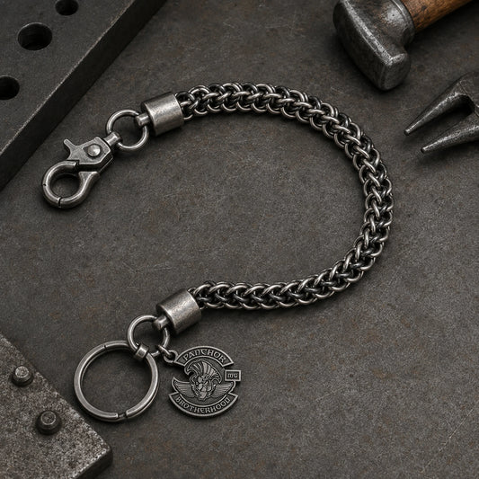Handwoven chainmaille biker wallet chain with welded end caps, swivel clasp and motorcycle club tag.