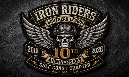 Custom motorcycle club chapter 10th anniversary patch displaying 2016 and 2026