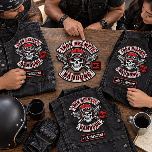 Approved club emblem shown across a coordinated chapter patch planning set without altering its wording for a motorcycle club, shown at chapter order review table.