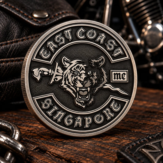 Custom motorcycle club chapter challenge coin with regional identity.