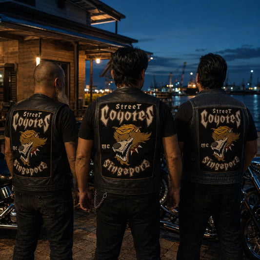 AI concept of matching motorcycle club back patches for chapter and repeat orders.