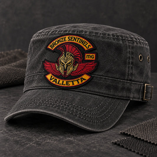 Charcoal canvas military cadet cap with an authorized woven club patch.