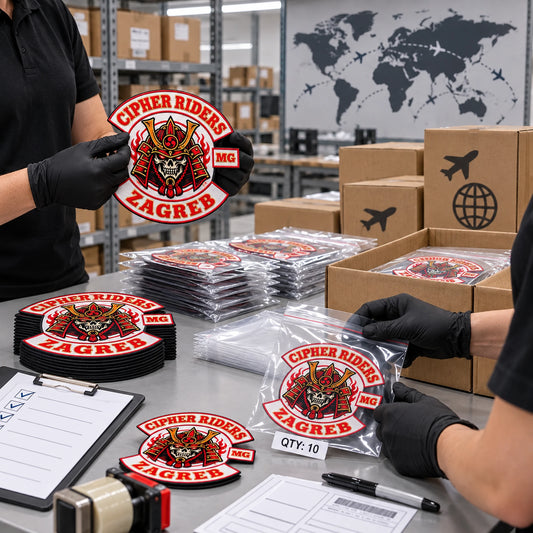 Finished coordinated chest patch sets prepared for worldwide shipping for a motorcycle club, shown at packing and inspection area.
