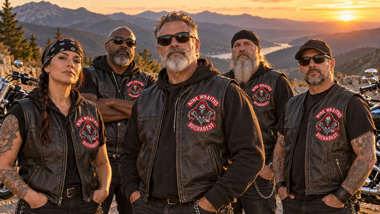 Individual leather cuts with coordinated fictional chest patch systems for a motorcycle club, shown at mountain turnout beside unbranded American V-twin motorcycles.