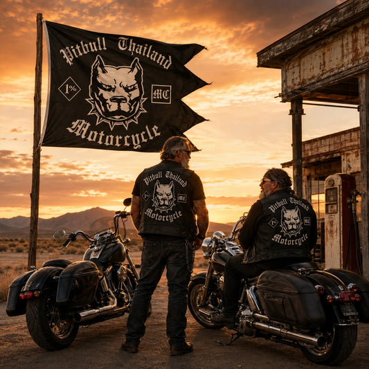 Mature V-twin riders displaying a classic custom swallowtail flag at a desert service station.