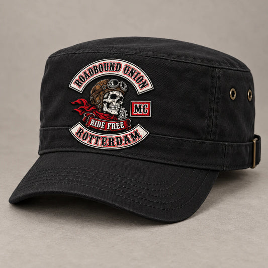 Classic black military cadet cap with short brim and authorized club embroidery.