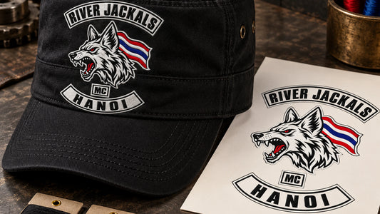 Black military cadet cap beside authorized motorcycle club artwork and embroidery thread colors.