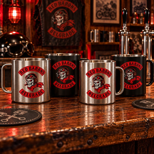 Metal mugs on clubhouse bar with unbranded V-twin background displaying an authorized logo for a custom motorcycle club metal mug project.