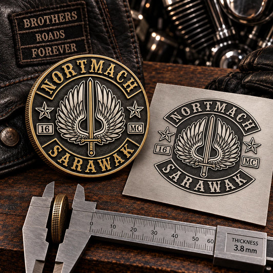 Motorcycle club challenge coin sample reviewed against approved artwork.