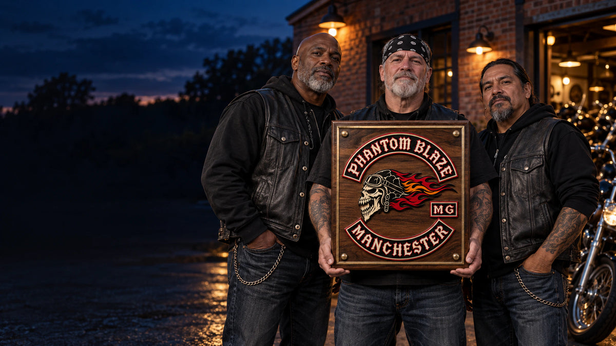 Motorcycle club officers presenting a custom walnut and metal commemorative plaque outside their clubhouse at blue hour.