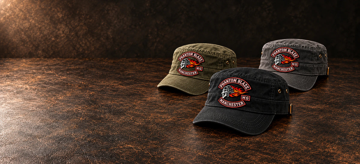 Three complete custom military cadet caps in black, olive and charcoal with an authorized motorcycle club emblem.