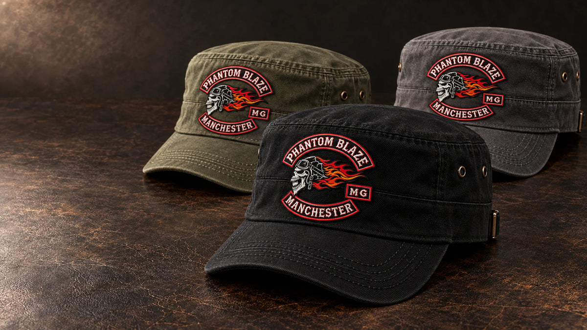 Three complete custom military cadet caps in black, olive and charcoal with an authorized motorcycle club emblem.