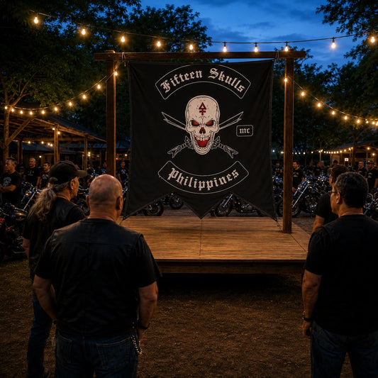 Motorcycle club anniversary gathering centered on a special-edition custom swallowtail flag.